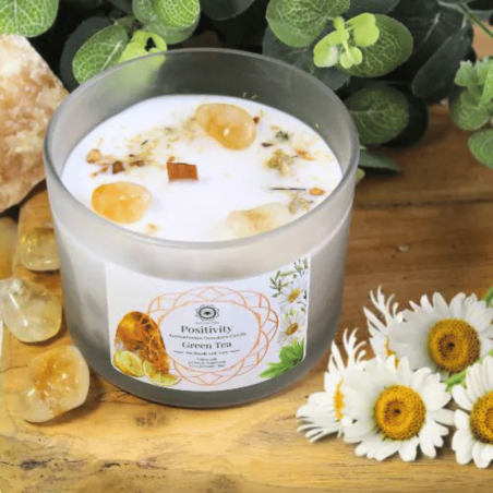 Positività - Tè Verde, Limone, Camomilla e Citrino Candela profumata con Pietre Preziose - Positivity Green Tree - 256gr.