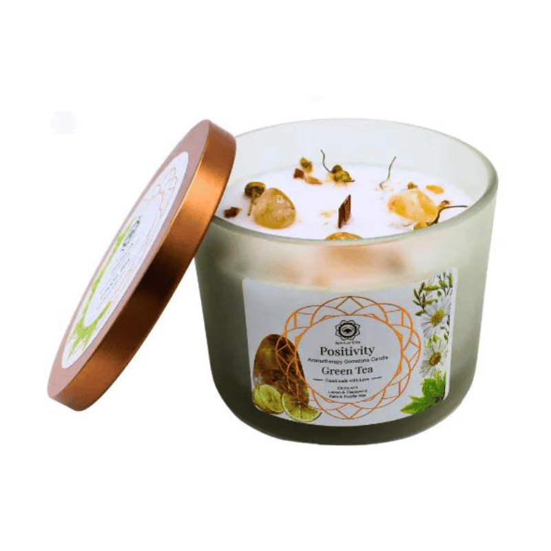 Positività - Tè Verde, Limone, Camomilla e Citrino Candela profumata con Pietre Preziose - Positivity Green Tree - 256gr.