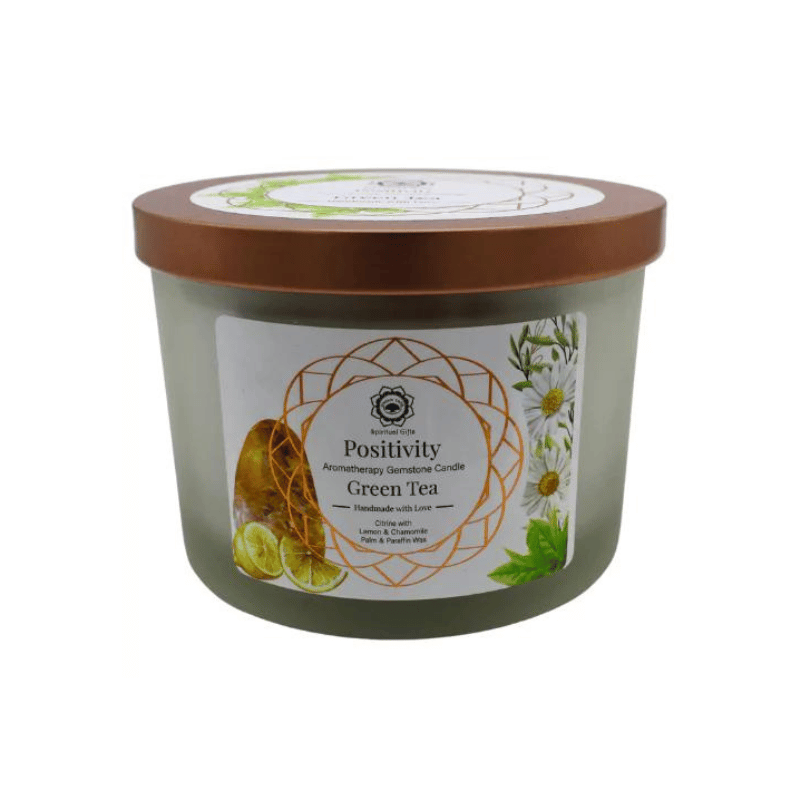 Positività - Tè Verde, Limone, Camomilla e Citrino Candela profumata con Pietre Preziose - Positivity Green Tree - 256gr.