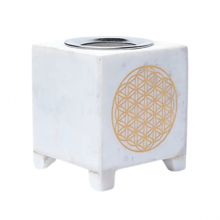 Brucia incenso in Marmo Bianco (75 x 75 x 90mm) con Setaccio - Fiore della Vita