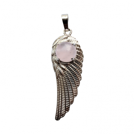 Quarzo Rosa Pendente Ala in Metallo con Pietra Naturale - (47 x 16mm)