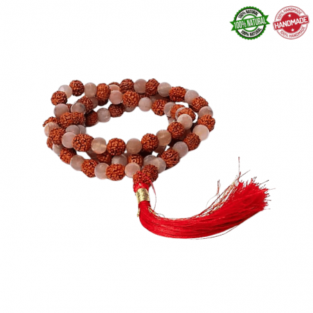 Mala Tibetano 108 semi naturali Rudraksha e Perle Pietra di Luna Pesca da 6mm - Qualità AA