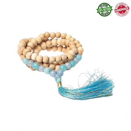 Mala Tibetano 108 semi Tulsi e perle di Angelite e Amazzonite da 8mm - Qualità AA