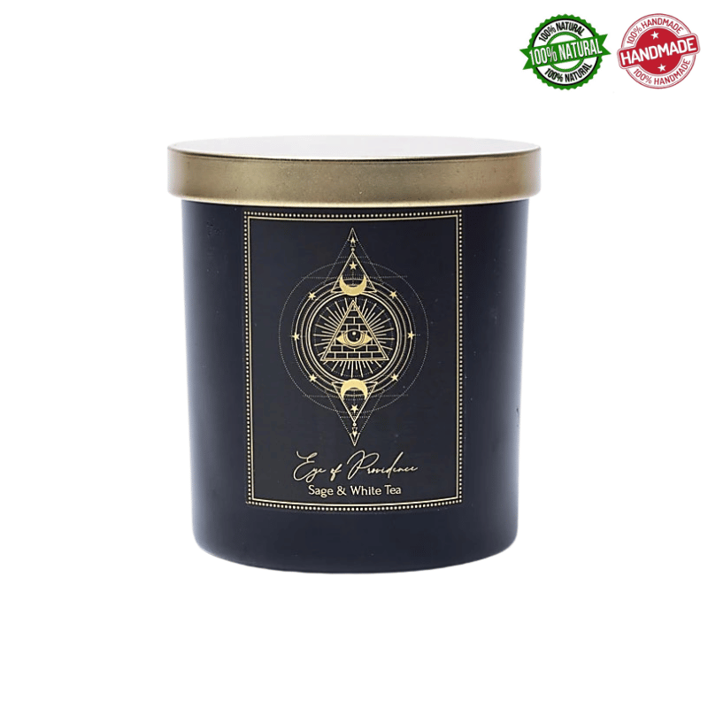 Candela Occhio della Provvidenza cera di soia e Ossidiana Nera in vetro - (9 x 7 x 7cm - 200gr. -  ± 50 ore)