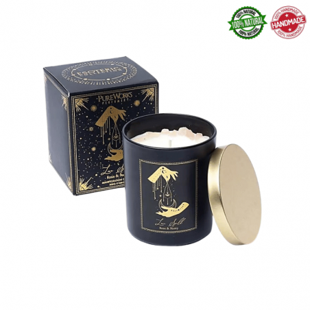 Candela Incantesimo d'Amore cera di soia e Quarzo Rosa in vetro - (9 x 7 x 7cm - 200gr. -  ± 50 ore)