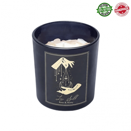 Candela Incantesimo d'Amore cera di soia e Quarzo Rosa in vetro - (8 x 7 x 7cm - 120gr. -  ± 20 ore)