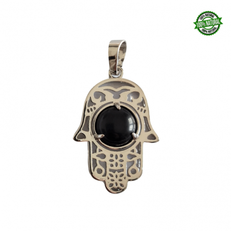 Onice Nero Pendente Mano di Fatima in Metallo con Pietra Naturale da 10mm - (33 x 22mm)