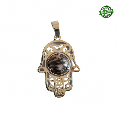 Rodonite Pendente Mano di Fatima in Metallo con Pietra Naturale da 10mm - (33 x 22mm)