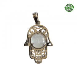 Quarzo Bianco Pendente Mano di Fatima in Metallo con Pietra Naturale da 10mm - (33 x 22mm)