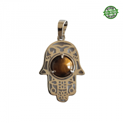 Occhio di Tigre Pendente Mano di Fatima in Metallo con Pietra Naturale da 10mm - (33 x 22mm)