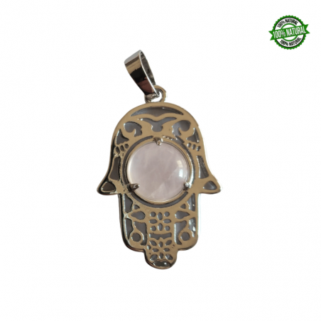 Quarzo Rosa Pendente Mano di Fatima in Metallo con Pietra Naturale da 10mm - (33 x 22mm)