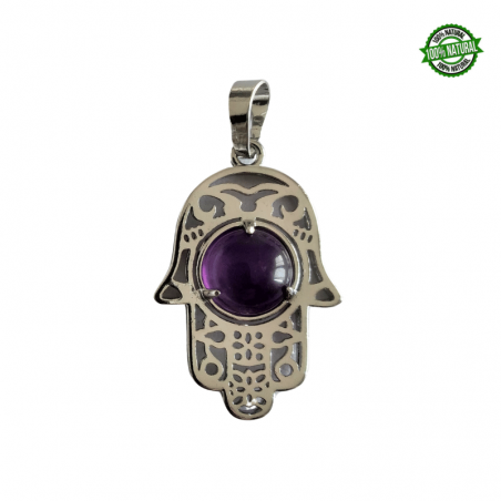 Ametista Pendente Mano di Fatima in Metallo con Pietra Naturale da 10mm - (33 x 22mm)