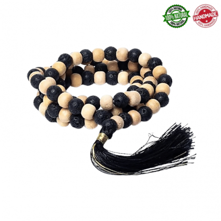 Mala Tibetano 108 semi Tulsi e perle di Pietra Lavica da 8mm - Qualità A