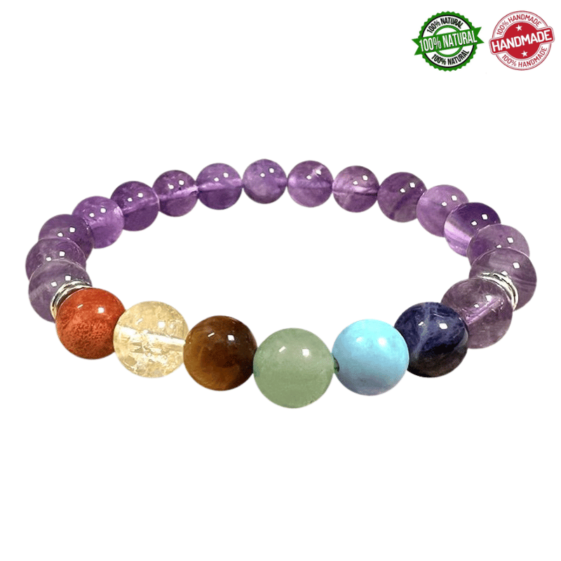 Bracciale Perle Ametista da 8mm e Pietre 7 Chakra - Qualità A