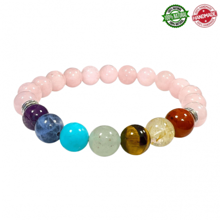 Bracciale Quarzo Rosa e perle 7 Chakra in pietra naturale da 8mm - Qualità AB