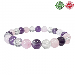 Bracciale Ametista, Cristallo di Rocca, Quarzo Rosa perle naturali da 8mm - Qualità A