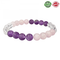 Bracciale Ametista, Cristallo di Rocca, Quarzo Rosa perle naturali da 8mm - Qualità A