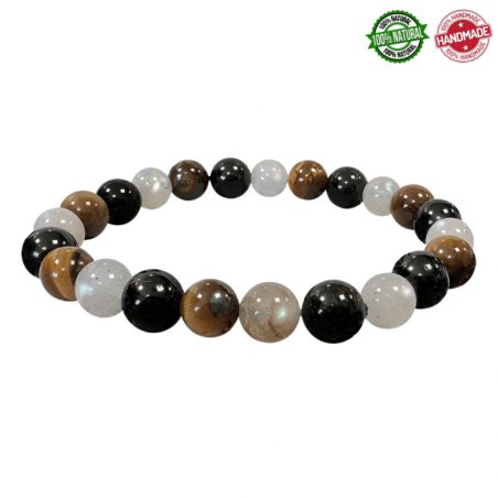 Braccialetto Labradorite, Occhio di Tigre, Tormalina Nera perle in pietra naturale da 8mm - Qualità A