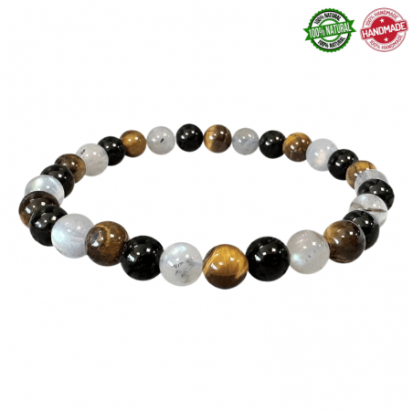 Braccialetto Labradorite, Occhio di Tigre, Tormalina Nera perline in pietra naturale da 6mm - Qualità A