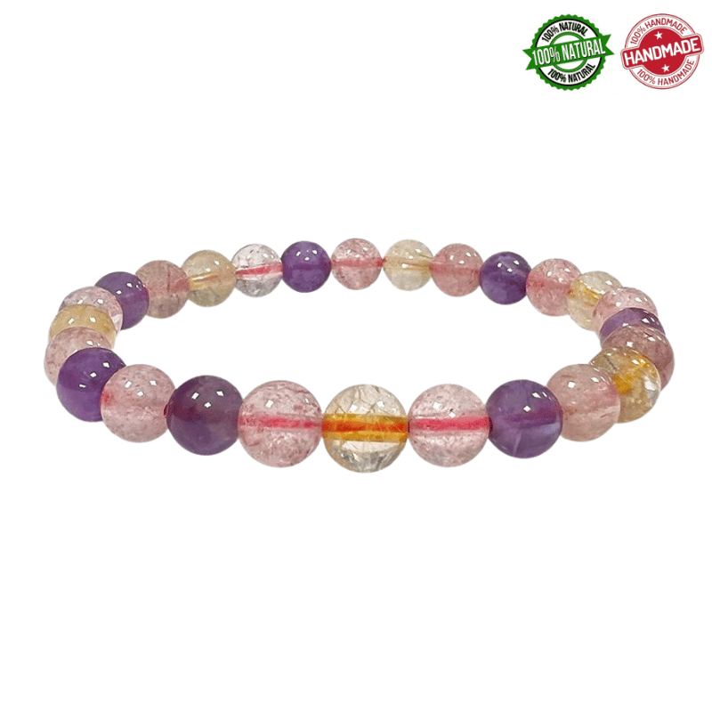 Braccialetto Ametista, Quarzo Rutilato, Quarzo Fragola perline naturali da 6mm - Qualità A
