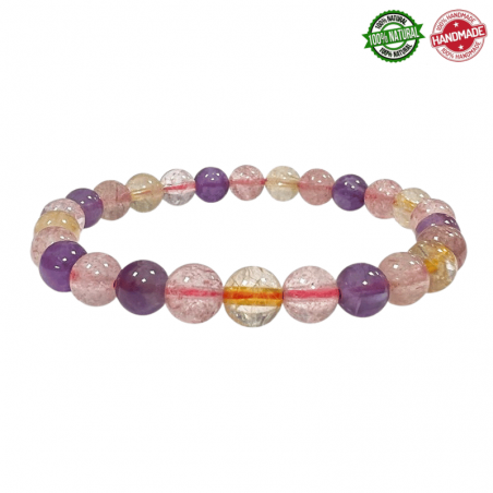 Braccialetto Ametista, Quarzo Rutilato, Quarzo Fragola perline naturali da 6mm - Qualità A