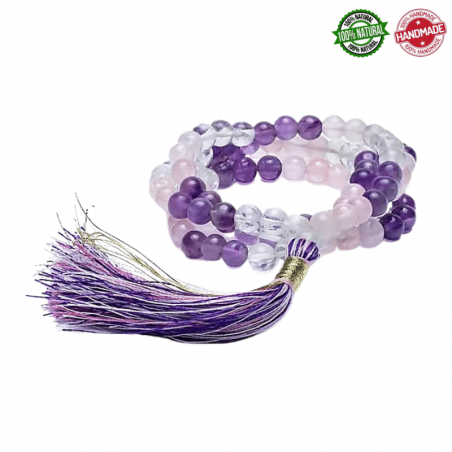 Mala Tibetano Triangolo d'Oro 108 perle Ametista, Quarzo Rosa e Cristallo di Rocca da 6mm in pietra naturale - Qualità AA