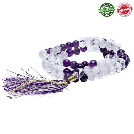 Mala Tibetano Triangolo d'Oro 108 perle Ametista, Quarzo Rosa e Cristallo di Rocca da 8mm in pietra naturale - Qualità AA