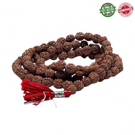 Mala Tibetano 108 grani Rudraksha da 10mm con nappina rossa