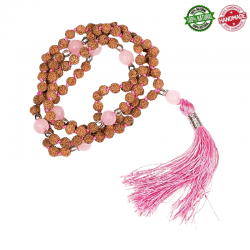 Mala Tibetano 108 grani Rudraksha da 5mm e Perle Quarzo Rosa in pietra naturale - Qualità A