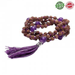 Mala Tibetano 108 grani Rudraksha da 5mm e Perle Ametista in pietra naturale - Qualità A