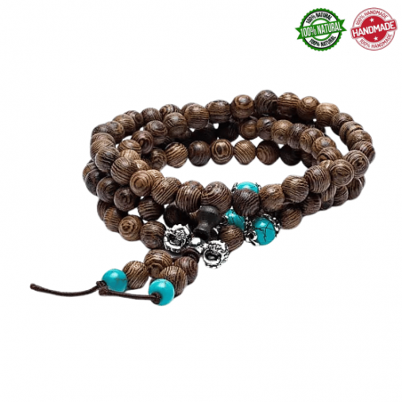 Mala Tibetano in legno e grani ornamentali da 6mm e dorje - 108 grani