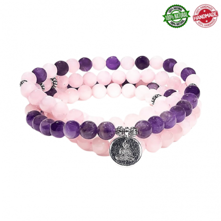 Mala Tibetano 108 perle Quarzo Rosa e Ametista da 8mm con ciondolo Buddha - Qualità A