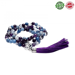 Mala Tibetano 108 perle Ametista, Avventurina e Cristallo di rocca da 8mm con Simbolo Ohm - Qualità A