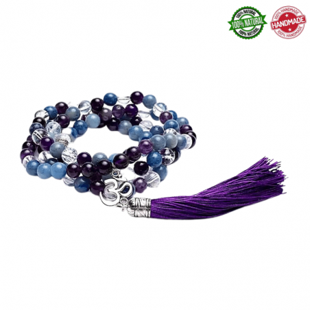 Mala Tibetano 108 perle Ametista, Avventurina e Cristallo di rocca da 8mm con Simbolo Ohm - Qualità A