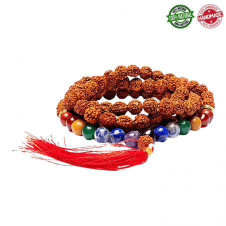 Mala Tibetano 108 semi di Rudraksha e perle dei 7 chakra da 8mm - Qualità A