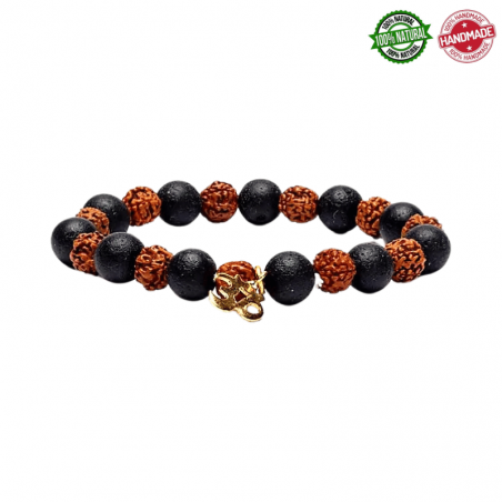 Braccialetto Semi Rudraksha & Perline Pietra Lavica con Ohm