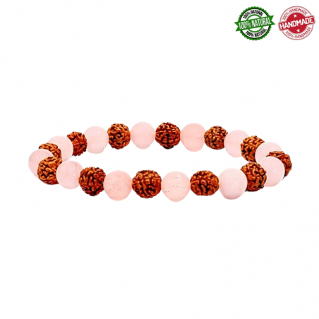 Braccialetto Semi Rudraksha & Perline Quarzo Rosa