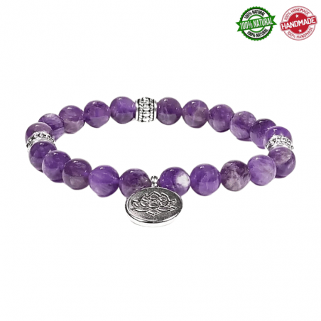 Ametista Mala Tibetano braccialetto Perle da 8mm con cindolo Loto - 21 grani