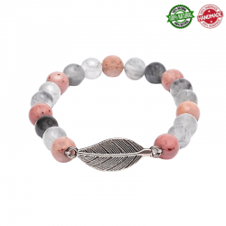 Rodonite, Quarzo Grigio Mala Tibetano braccialetto - 21 perle da 8mm con Piuma