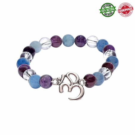 Ametista, Avventurina Blu, Cristallo di rocca Mala Tibetano braccialetto con OM - 21 Perle da 8mm