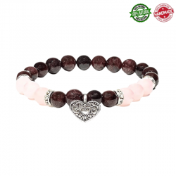 Braccialetto Granato e Quarzo Rosa perle da 8mm con ciondolo Cuore