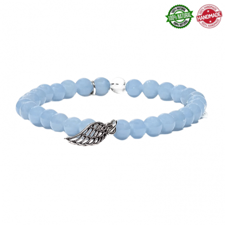 Braccialetto Angelite perle naturali da 6mm con ciondolo ala d'Angelo