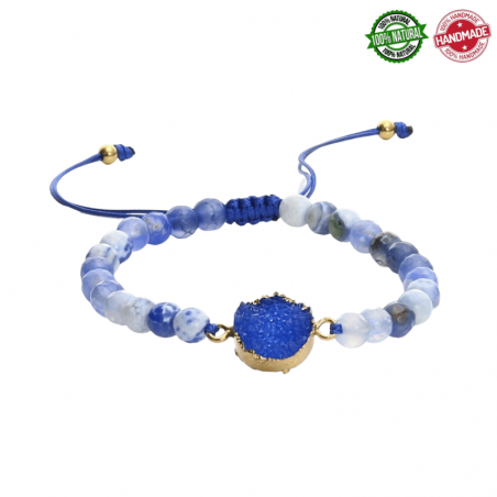 Braccialetto Agata Blu Scuro perline naturali 6mm con Drusa su filo regolabile