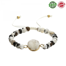 Braccialetto Agata Bianca perline naturali 6mm con Drusa su filo regolabile