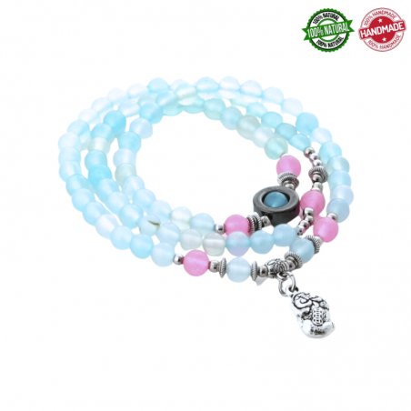 Bracciale in Agata ed Ematite Multistrato ciondolo Pixiu - Light Blu
