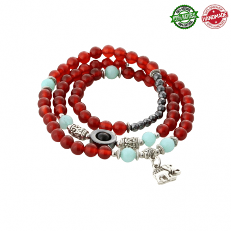 Bracciale in Agata, Ematite, Giada e Onice Multistrato ciondolo Elefantino - Rosso