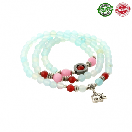 Bracciale in Agata, Ematite e Corniola Multistrato ciondolo Elefantino - Light Blu