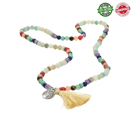 Mala Tibetano Amazzonite con perline 7 Chakra, Nappa e Albero della Vita - 108 perle