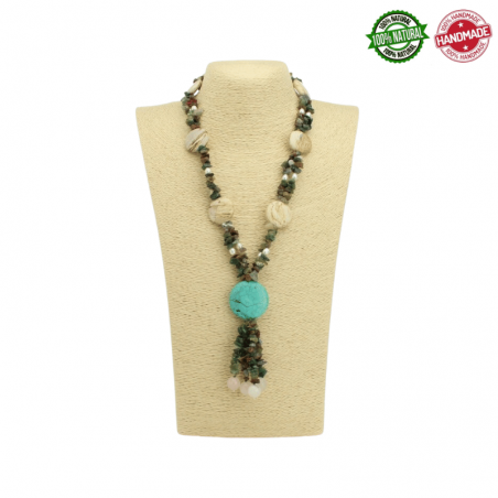 Collana di agata indiana con perle di diaspro e pendente di turquenite su filo di acciaio