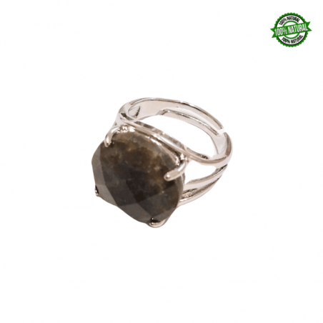 Labradorite Sfaccettata Anello regolabile in Metallo con Pietra Naturale Tonda (± 15 x 15mm)